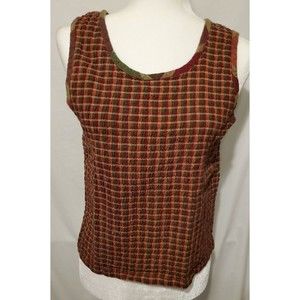 Women’s Angelique Scoop Neck Sleeveless Green Orange Plaid Stretch Top SZ M